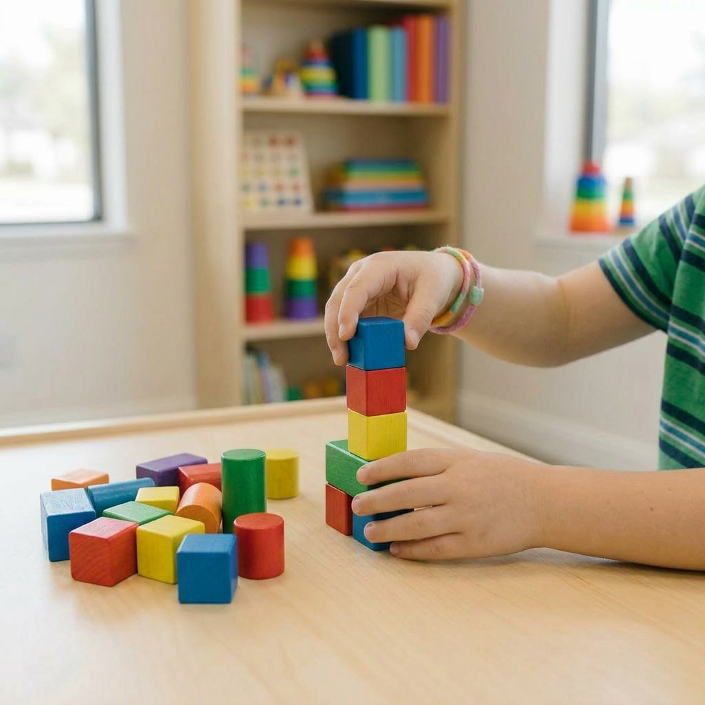 Child's hands stacking colorful wooden blocks into a tower on a table