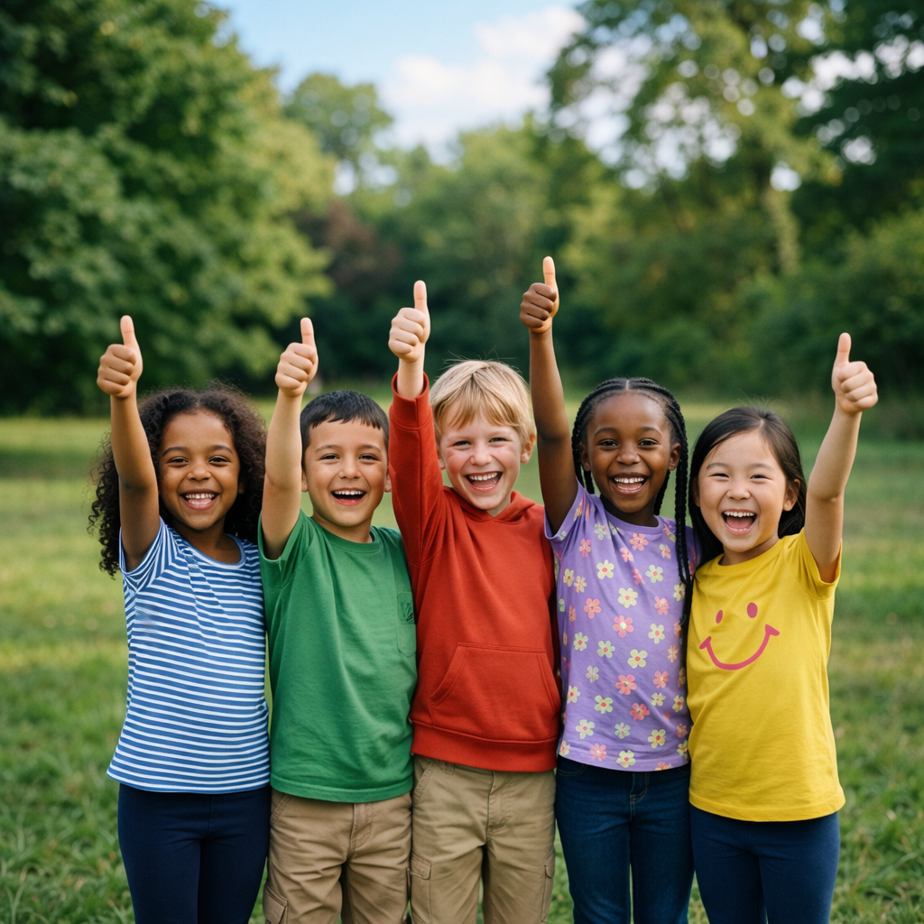 Five diverse children standing outdoors with thumbs up and big smiles