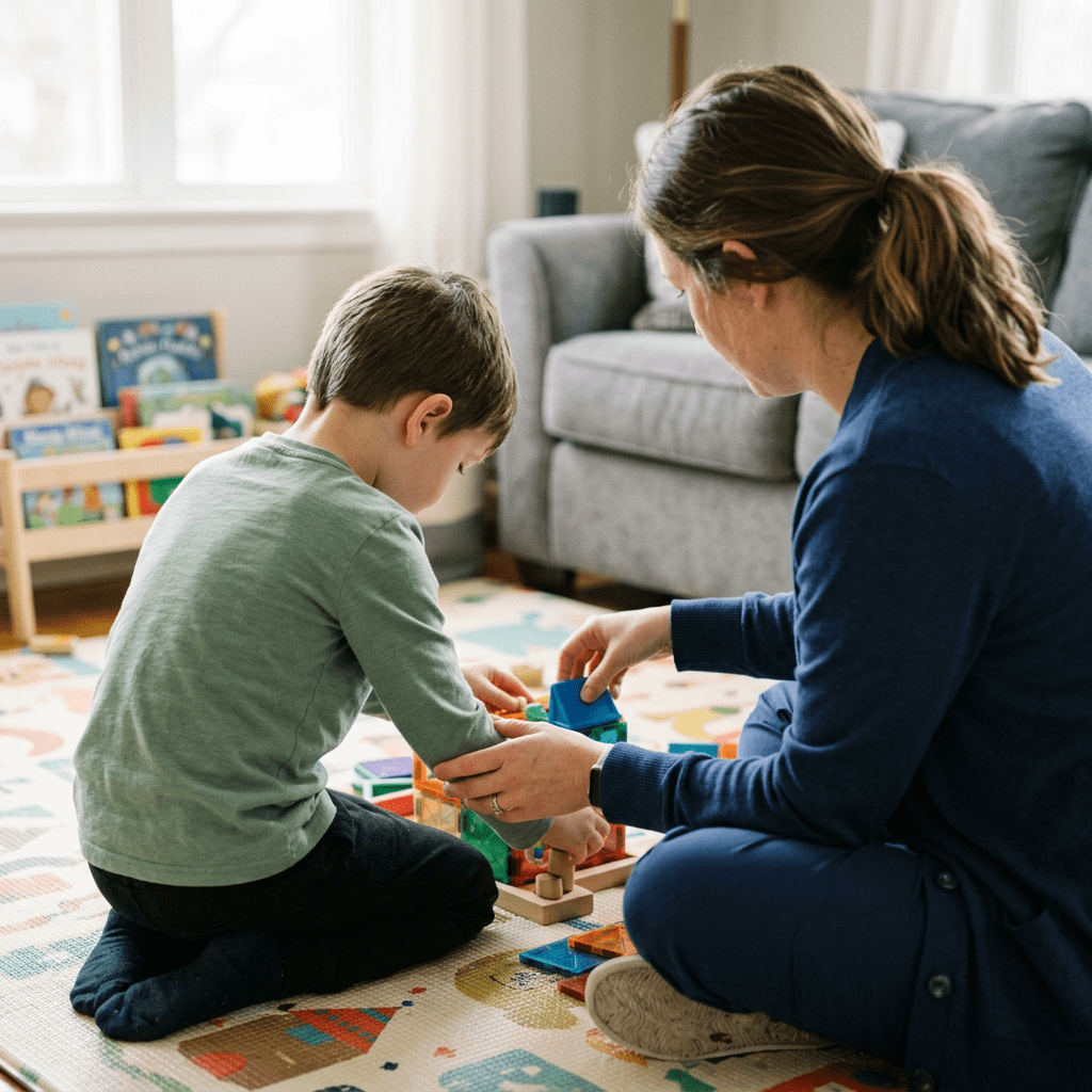 Child and adult building with colorful blocks on play mat