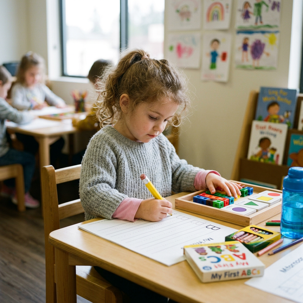 Preschool girl writing letters and arranging colored shapes at table