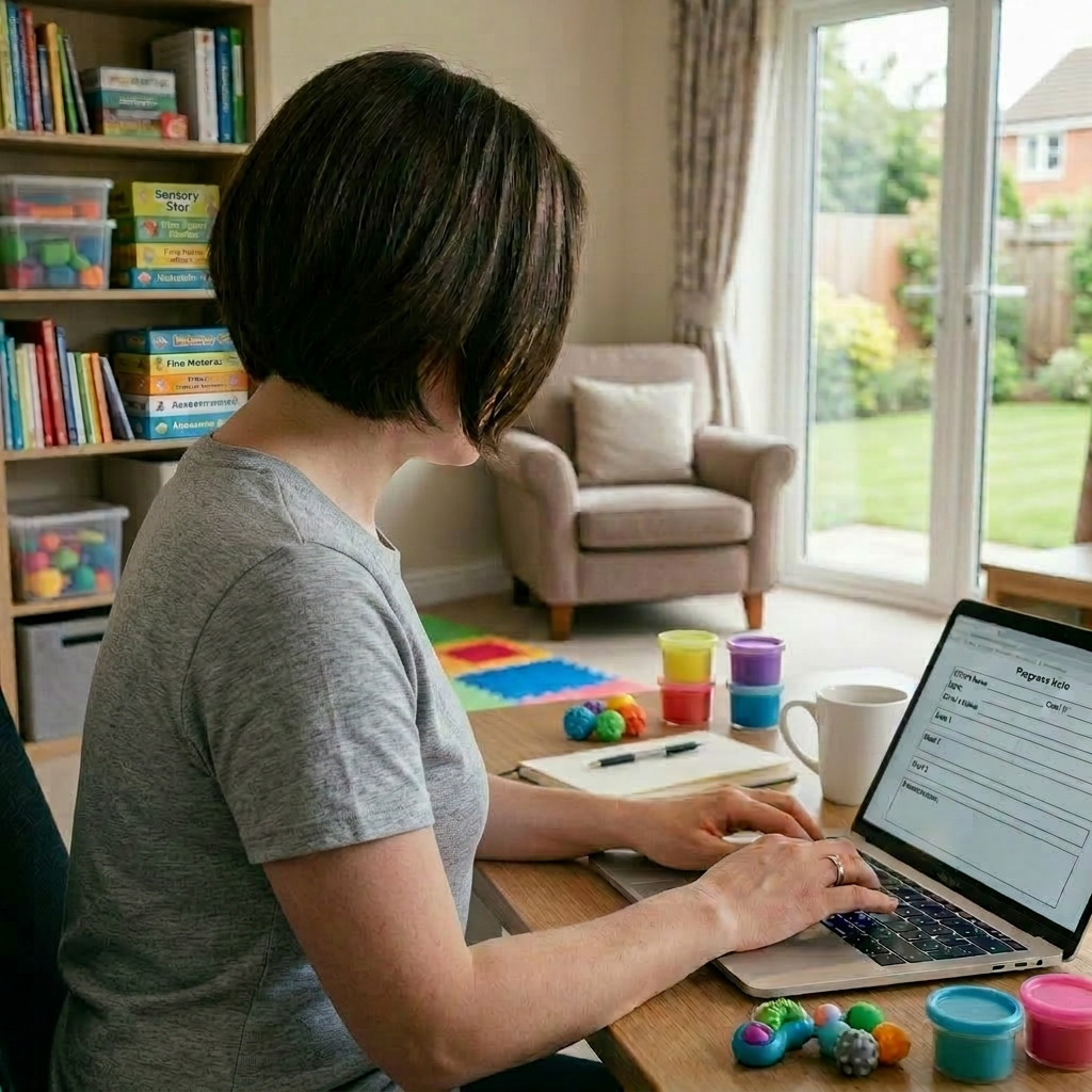 Woman in business attire working on laptop at office desk