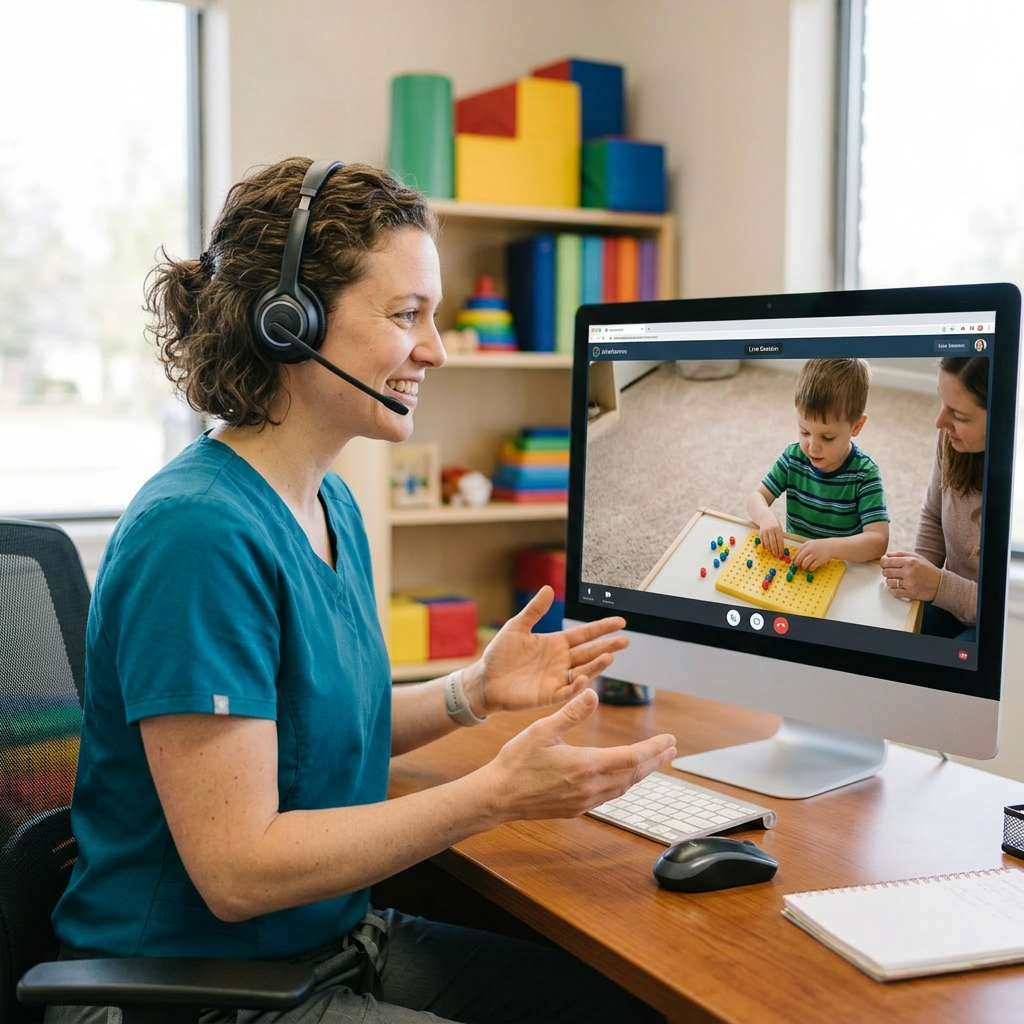 Therapist video chatting with a child and caregiver engaged in a pegboard activity