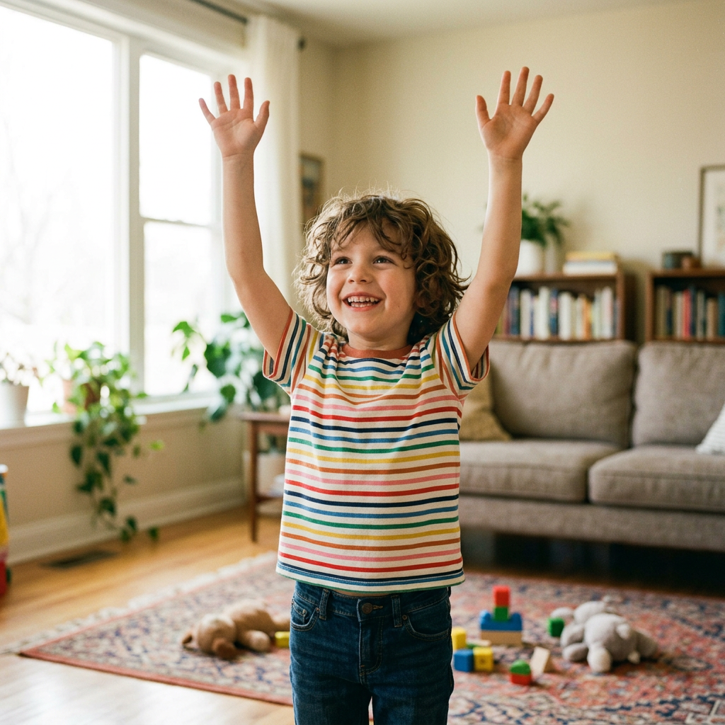 Smiling child with hands raised, bright home setting